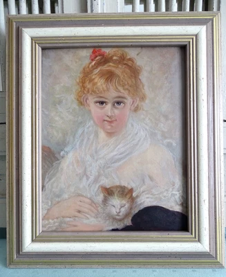 Antikes 1920er Ölgemälde Ölbild Holzrahmen 33x28 Portrait Mädchen mit Katze - Bild 1 von 3