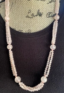 Vintage Pink Rose Quartz Stone Hand Knotted Beaded Long Necklace - Picture 1 of 13