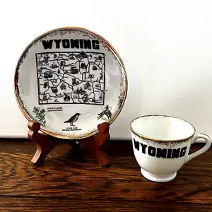 Wyoming State Map Tasse & Untertasse Meadowlark Goldrand Vintage Reise Souvenir - Bild 1 von 11