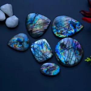 Lotto 6 Pezzi 257 Cts Pietre Preziose Cabochon Labradorite Naturale 40x30 25x14mm #13802 - Foto 1 di 9