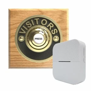 Traditional Square Wireless Doorbell VISITORS in Honey Oak and Brass - Picture 1 of 8