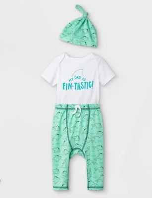 Cat & Jack My Dad is Fin-Tastic Outfit 0-3M 3PC Bodysuit Pants Hat Green Shark - Image 1 of 2