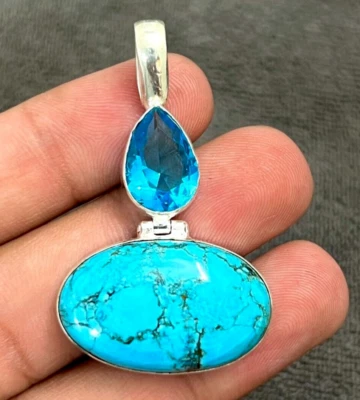 Ciondolo turchese pietra preziosa argento sterling 925 ciondolo gioiello fatt... - Immagine 1 di 4