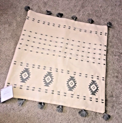 Pottery Barn 18" x 18" Pillow Cover Grey Tassels Embroidered BoHo NWT - Image 1 of 4