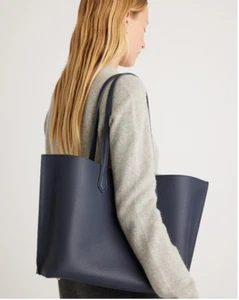 Quince NWOT Navy Blue Italian Leather Triple Compartment Shopper Tote - Picture 1 of 11