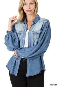 CHAMBRAY BALLOON SLEEVE SNAP FRONT SHIRTS - Picture 1 of 4