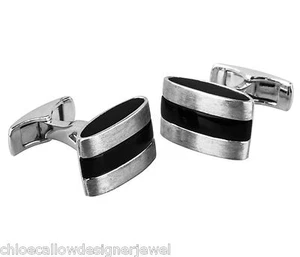 Sterling Silver Cufflinks Rectangle with Onyx inlay Cuff Link - Picture 1 of 1