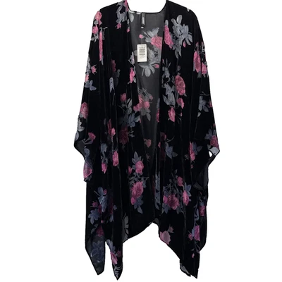 Torrid Velvet Burnout Kimono One Size Black Pink Rose Floral WhimsiGoth Fairy - Image 1 of 4