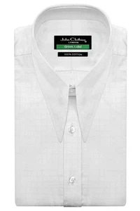 Men's Wedding Dress 70s Retro Style Spear Point Dagger Collar White Checks Shirt - Picture 1 of 4