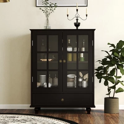 Modern Wooden Minimalist Black Buffet Cabinet with Double Glass Doors and Drawer - Image 1 of 4