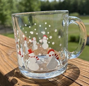 Crate and Barrel Clear Glass Mug With Snowmen & Polka Dot Design 3.5" Tall 3.25" - Picture 1 of 3