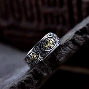 N25 Ring mit goldfarbenen Kreuzen Kreuz Ranken Silber 925 größenverstellbar - Bild 1 von 5
