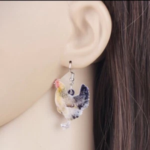 Chicken Hen Earring Acrylic Floral Fowl Earrings Big Long Ear Dangle 1Pair - Picture 1 of 3