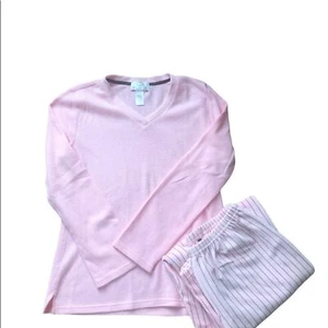 Oscar de la Renta Pyjama Set Gr. S Waffelstrick/Velours gestreift V-Ausschnitt kuschelig - Bild 1 von 5