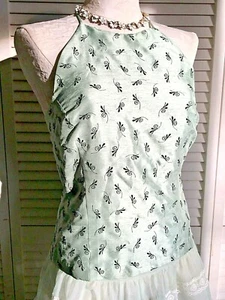 Women's PALE GREEN SILK Embroidered CUSTOM MADE Spaghetti Strap Bodice Top S XS - Picture 1 of 12