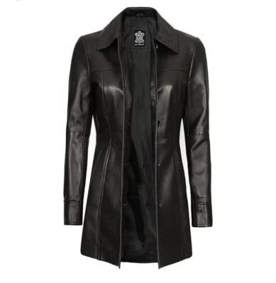 Women's Real Leather Long Coat - Stylish 3/4 Length Sheepskin Soft Trench Coat - Image 1 of 4