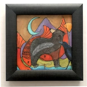 Bear Crow Koi Fish Crescent Moon Gallery Canvas Wrap Square Custom Wood Frame - Picture 1 of 9