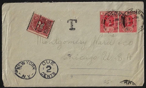 NIGERIA US 1920 US LAGOS TO CHICAGO NEW YORK POSTAGE DUE 2 CENTS & T MARKING Cover