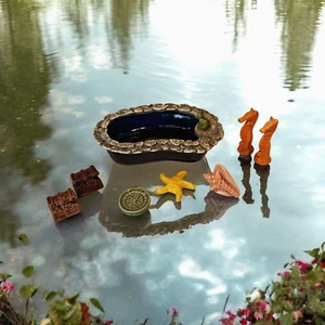 Fairy Garden Pond Lot 8 Frog Seahorse Treasure Chest Star Fish Compass Shell - Picture 1 of 13