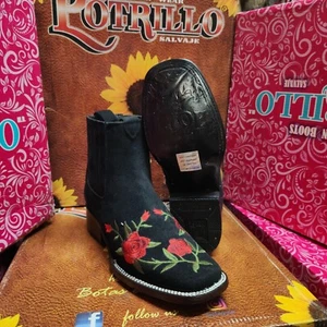 Women Square Toe Half Boots Red Flowers Botin Negro Vaquero Rodeo Con Flores - Picture 1 of 7