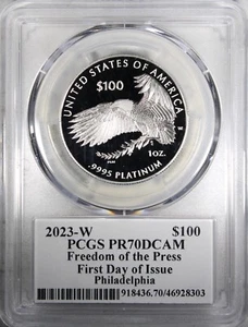 2023-W $100 Freedom Of The Press PCGS PR70DCAM FDOI 1oz Platinum Cleveland Sign - Picture 1 of 2