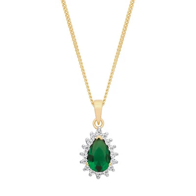 9ct Yellow Gold on Silver simulated EMERALD Pear Cluster Pendant Necklace - Image 1 of 4