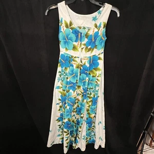 Vintage 1970s Ui-Maikai Barkcloth Blue & White Floral Maxi Dress Hibiscus - Picture 1 of 4