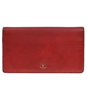 CHANEL CC Logo Bifold Long Wallet Leather Red Gold-Plated Italy 05ED563 - Picture 1 of 19