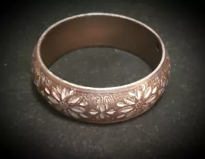 Vintage Embossed Etched Brown & Silver Floral Design Bangle Bracelet - Picture 1 of 3