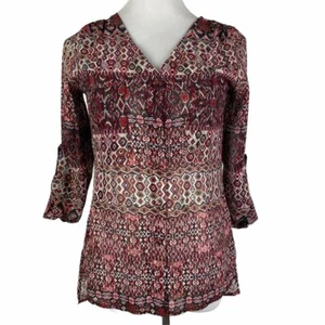 BKE Boutique Boho V-Neck High-Low Blouse Women's XS Maroon Black Button Down - Picture 1 of 10