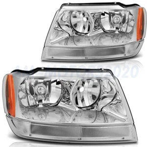 Fits 1999-2004 Jeep Grand Cherokee Front Clear Headlights Lamps Replacement Pair - Picture 1 of 7