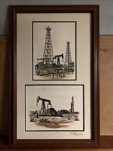 Al Richardson Signed Hand Water Colored Print Set of 2  Oil Wells Framed