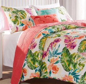 TROPICS 3pc Full Queen QUILT SET : TROPICAL CORAL BEACH GREEN PALMS OCEAN HOUSE - Picture 1 of 7