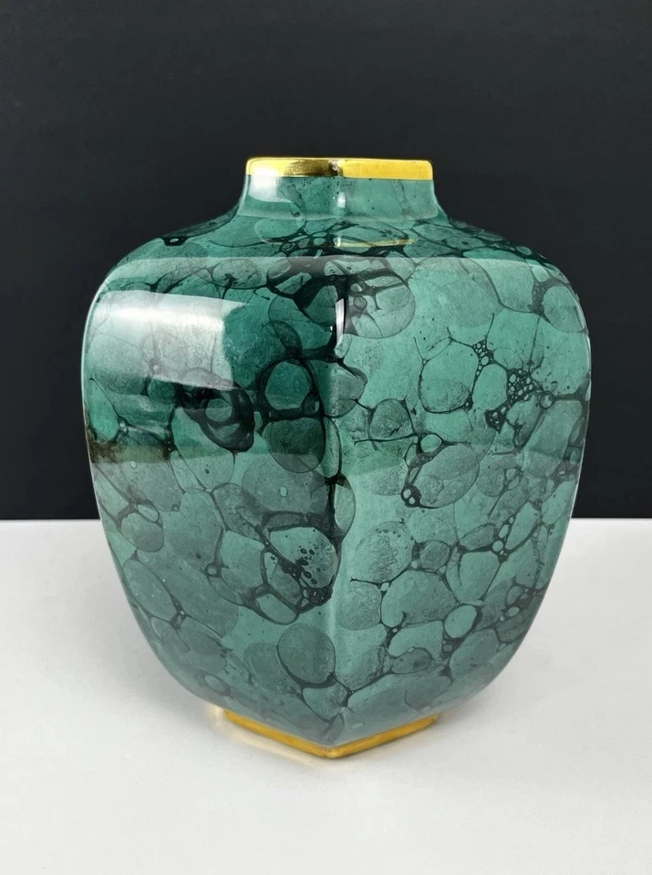 AERIN 9 Calinda Tapered Vase – Teal Sea Green Color Gold Rim 9 inches Tall READ - Image 1 of 4