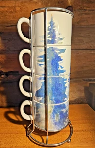 Beautiful Watercolor Forest Trees 14 oz Stacking Mugs White River Stainless Rack - Picture 1 of 7