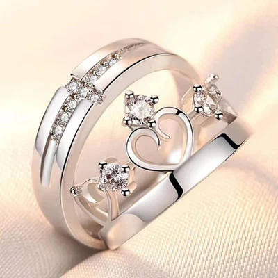 Silver Plated Couple Rings Heart Themed CZ Studded Adjustable Design - image 1 of 4