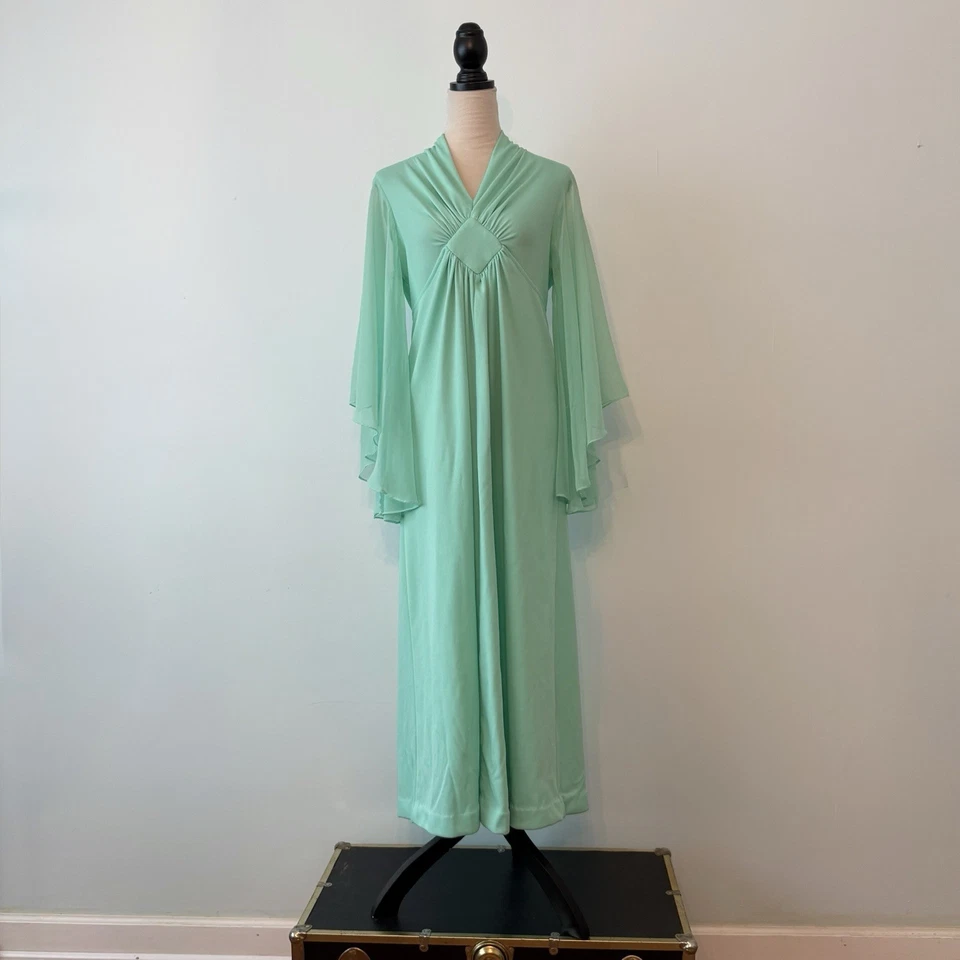 Maxi Vestido Vintage Roaman Años 70 Espuma de Mar Verde Ala de Ángel Cintura Imperio Talla M Foto 1 de 4