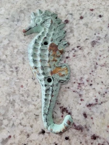 Cast Iron Seahorse Wall Hook Nautical Coat Towel Key Hanger Distressed Blue Teal - Picture 1 of 1