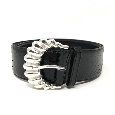 Cinto de cintura feminino The Ritz tamanho pequeno S preto pele de cobra genuína tom de prata largo - Imagem 1 de 4