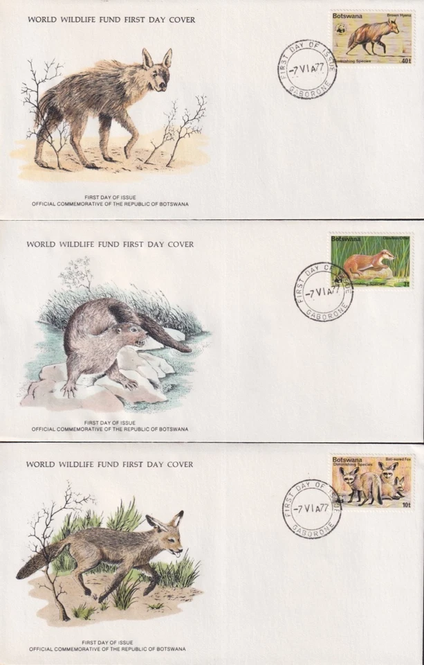 F-EX60793 BOTSWANA WWF 1977 FDC SPECIAL PRINTING WILDLIFE HYENA CLAWLES OTTER - Image 1 of 1