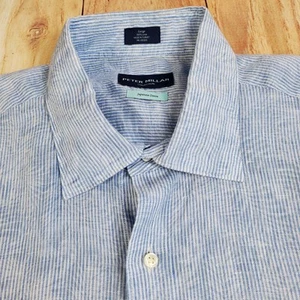 Peter Millar Shirt Men Large Linen Blue Stripe Short Sleeve Resort Casual Summer - Picture 1 of 11