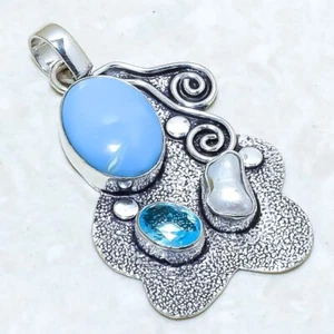 Owyhee blauer Opal, Blautopas Edelstein Silber Schmuck Anhänger 2,1" PRJ12971 - Bild 1 von 2