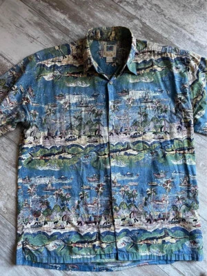 Camisa hawaiana grande para hombre Kahala Avi Collection marlín peces playa barcos palmeras Foto 1 de 4