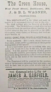 Baltimore Vintage Druckanzeige John Wagner The Green House Restaurant Pratt Street 1881 - Bild 1 von 2