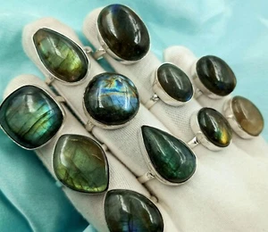 Impresionantes anillos llamativos de labradorita, lote de anillos genuinos enchapados en plata de ley 925 ~ - Imagen 1 de 2