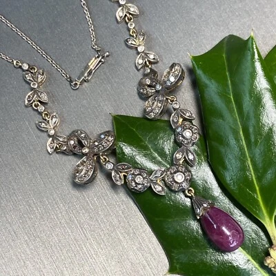 Винтажный рубин бриллиант бант ожерелье недвижимости ювелирных изделий подержанный 18K золото серебро - Изображение 1 из 4