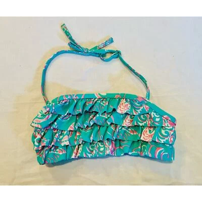 Lands End Teal Ruffled Flamingo Halter Bikini Top - Size 7 - Image 1 of 4