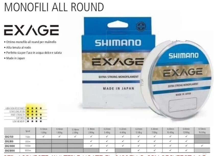 MONOFILO SHIMANO NYLON EXAGE x MULINELLO STRONG JAPAN GAMMA COMPLETA 150mt 300mt - Immagine 1 di 1