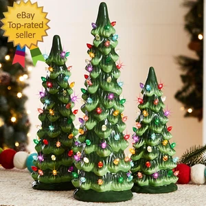 Set of 3 Ceramic Christmas Trees, Pre-Lit Hand-Painted Tabletop Holiday Decorati - Picture 1 of 12
