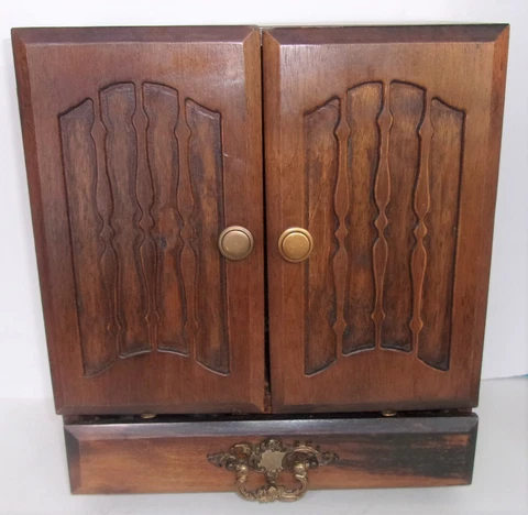 Vintage MCM Wood Liquor Cabinet w/Glasses & Scotch Whiskey & Vodka JAPAN Cover